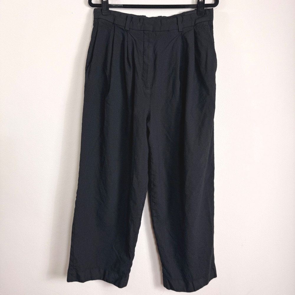 COS Black Wool Pleated High Waisted Wide Leg Cropped Trousers Womens Size 12